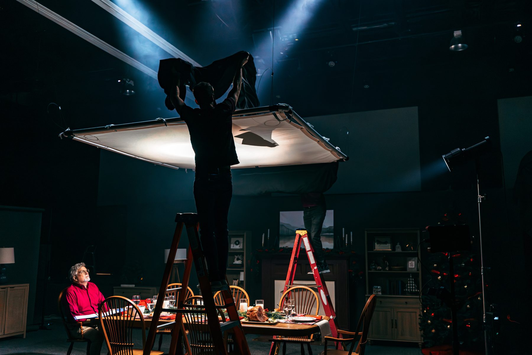 Wide view of a lit stage during production