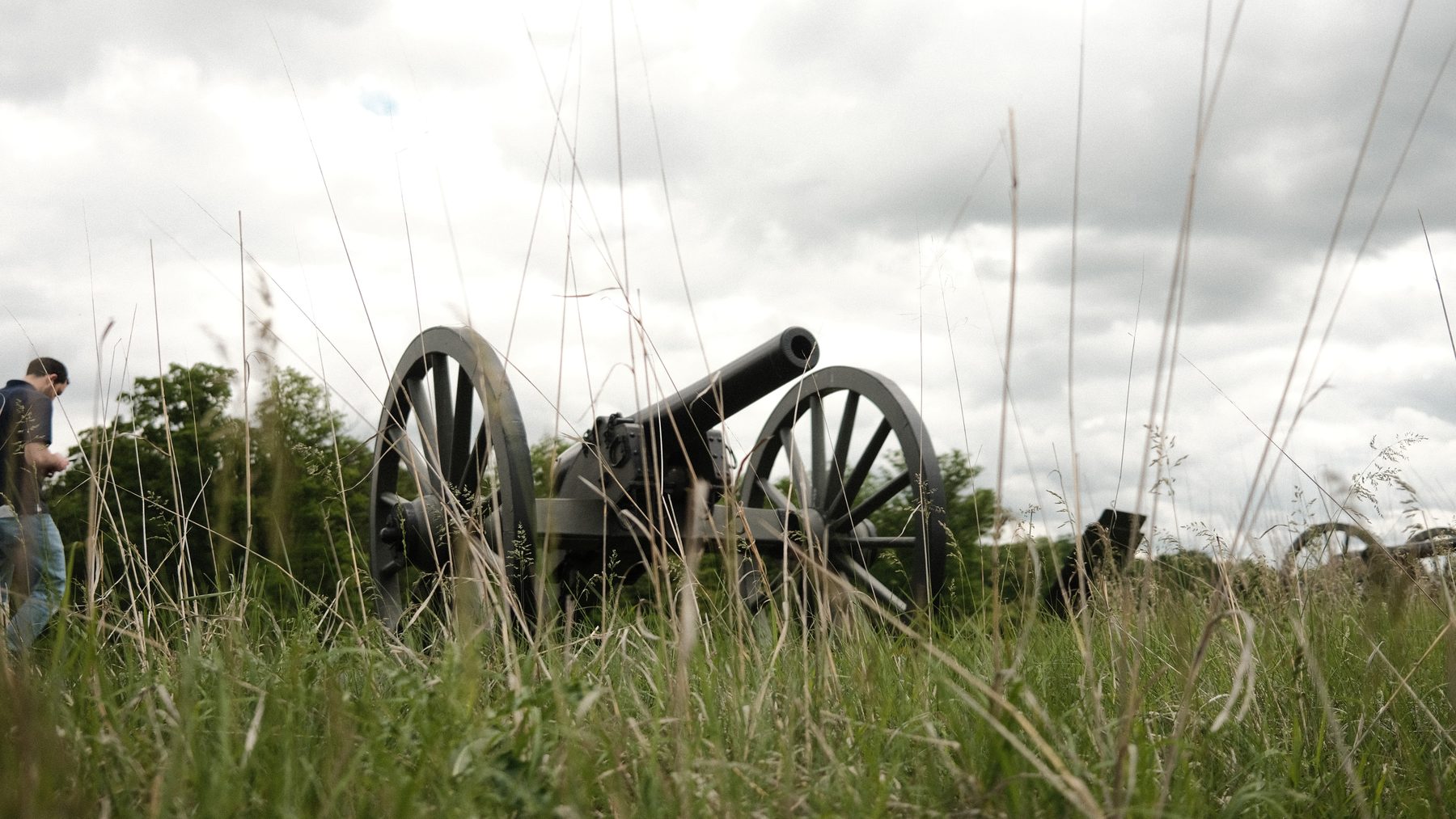 Cannon seen through tall grass on the Gettysburg battlefield