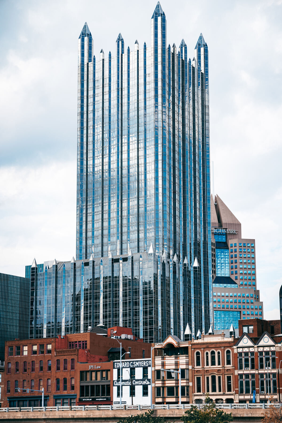 Looking straight up at the glass Gothic spires of PPG Place in downtown Pittsburgh